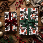Snowman Christmas wrapping paper on holiday gifts with red and green ribbons by Wrapped Studios.