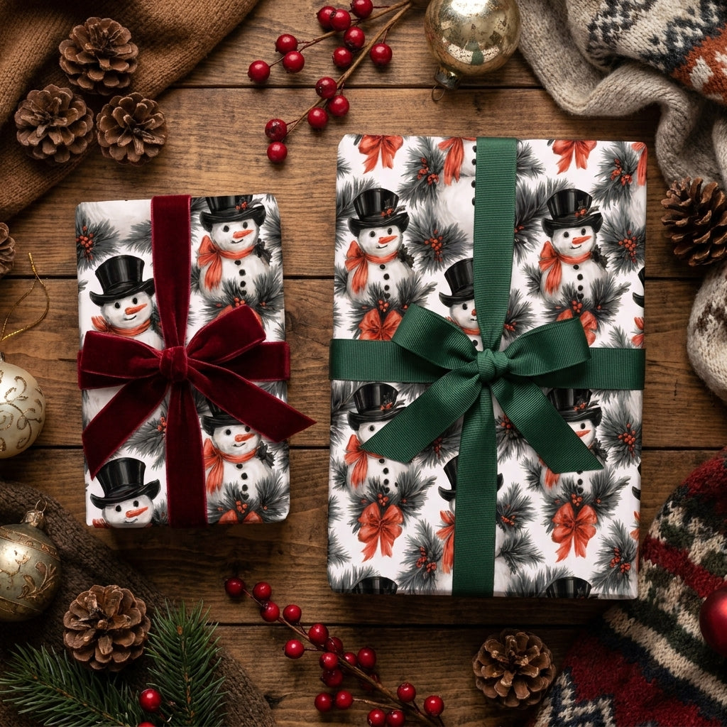Snowman Christmas wrapping paper on holiday gifts with red and green ribbons by Wrapped Studios.