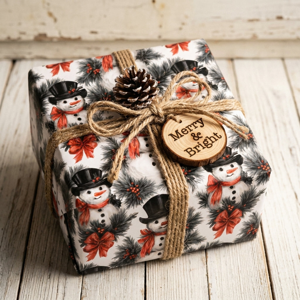Vintage snowman Christmas wrapping paper by Wrapped Studios, tied with rustic twine and a wooden gift tag.