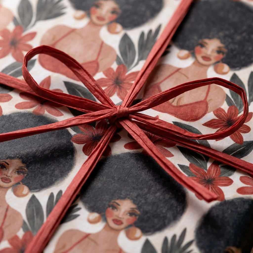Illustrated Black woman wrapping paper with red flowers and raffia bow by Wrapped Studios.