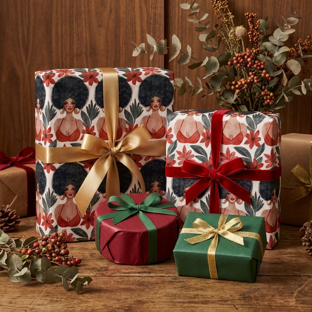 African American Christmas wrapping paper with Black women and elegant bows by Wrapped Studios.
