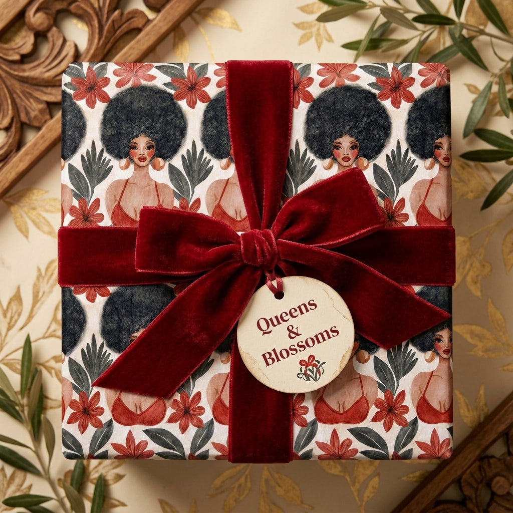 Luxury floral wrapping paper featuring Black women and a red velvet bow, by Wrapped Studios.
