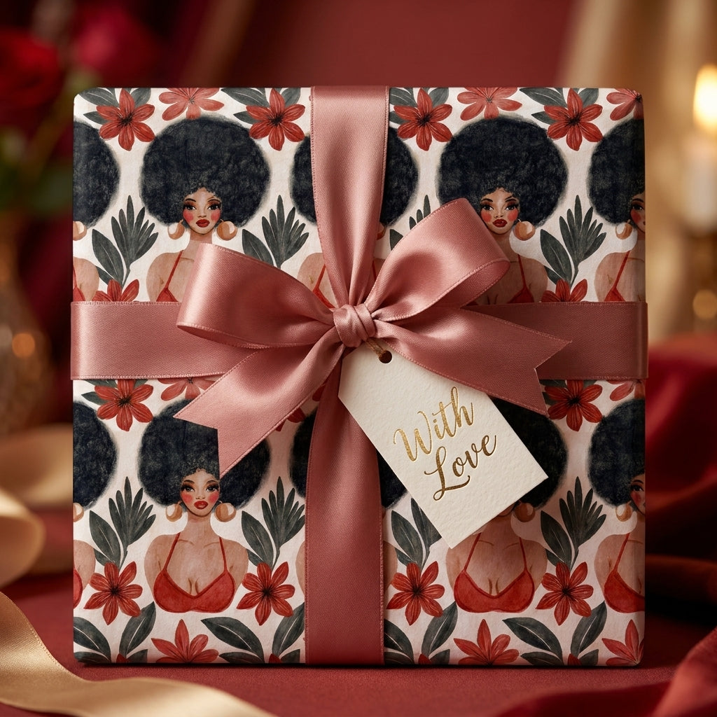 Luxury African American wrapping paper with rose ribbon and 'With Love' gift tag by Wrapped Studios.