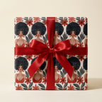 Elegant Black woman wrapping paper with red floral afro pattern and satin ribbon bow by Wrapped Studios.