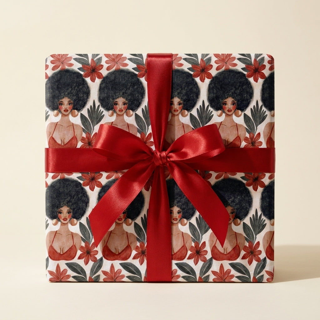 Elegant Black woman wrapping paper with red floral afro pattern and satin ribbon bow by Wrapped Studios.