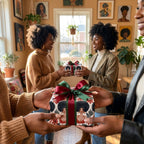 African American holiday wrapping paper featuring illustrated Black women and a festive bow by Wrapped Studios.