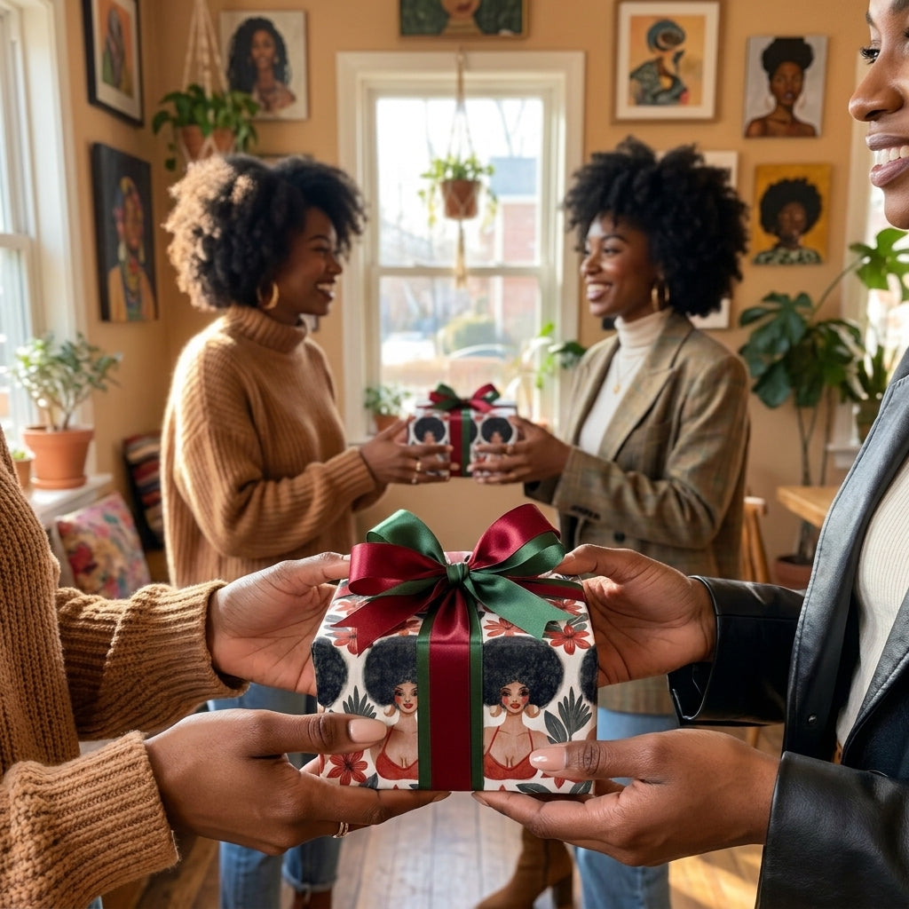 African American holiday wrapping paper featuring illustrated Black women and a festive bow by Wrapped Studios.