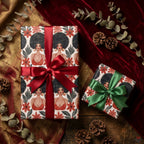 Elegant African American holiday gift wrap with Black women illustrations and satin bows by Wrapped Studios.