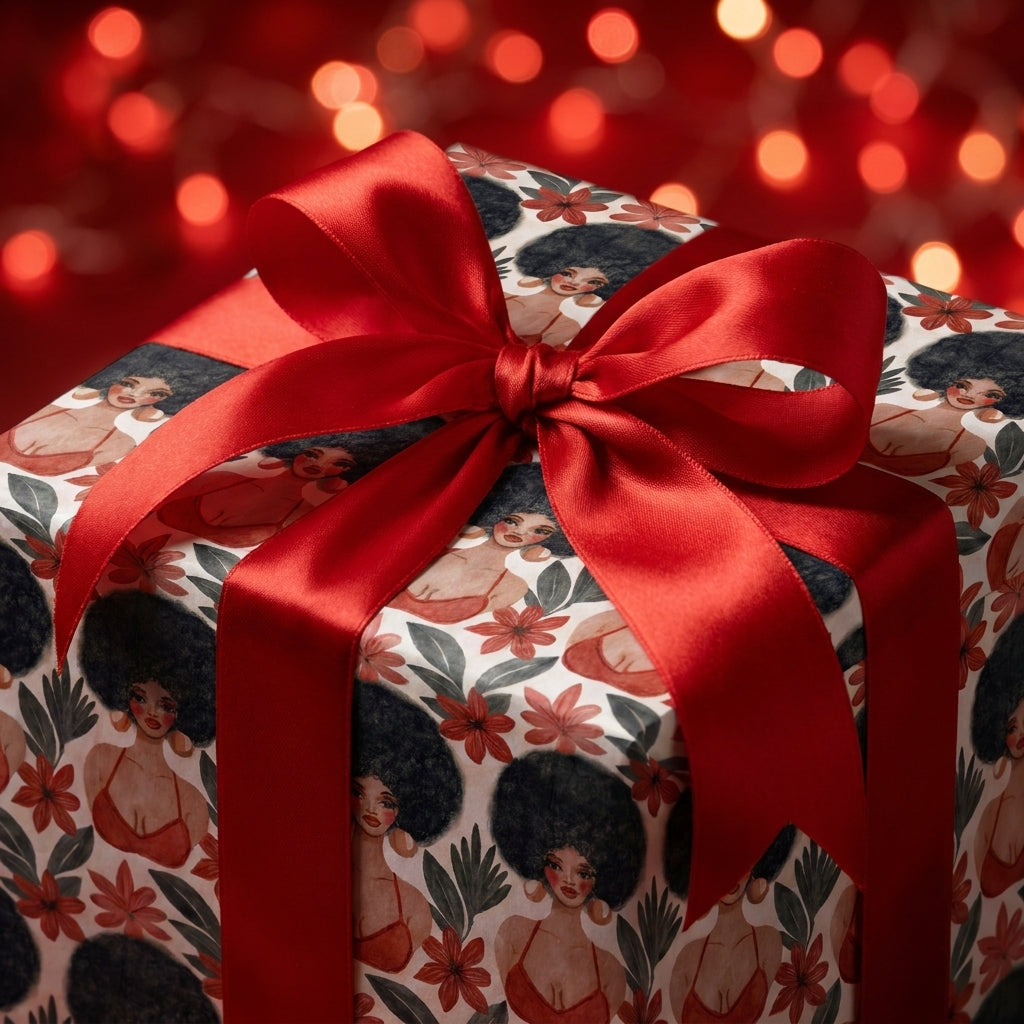 Christmas gift wrap featuring African American women art and a red satin bow by Wrapped Studios.