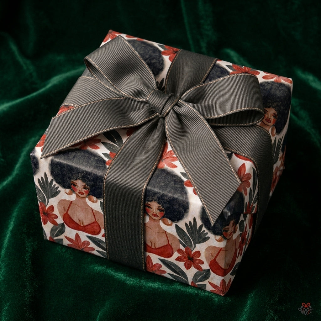 Luxury wrapping paper featuring illustrated Black women and a green bow by Wrapped Studios.