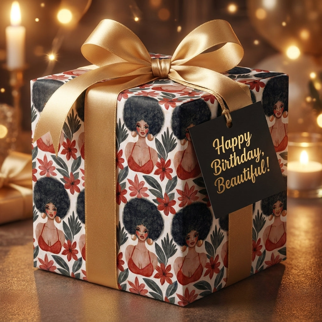 Luxury Black woman floral birthday wrapping paper with gold bow by Wrapped Studios.