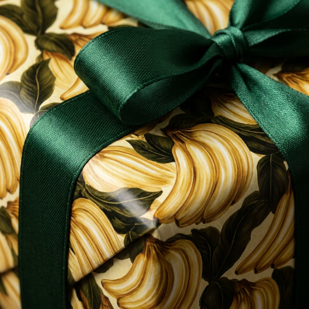 Tropical banana wrapping paper with a luxury green satin ribbon on a gift box by Wrapped Studios.