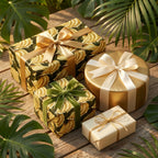 Luxury tropical wrapping paper in gold and green with elegant satin ribbons by Wrapped Studios.