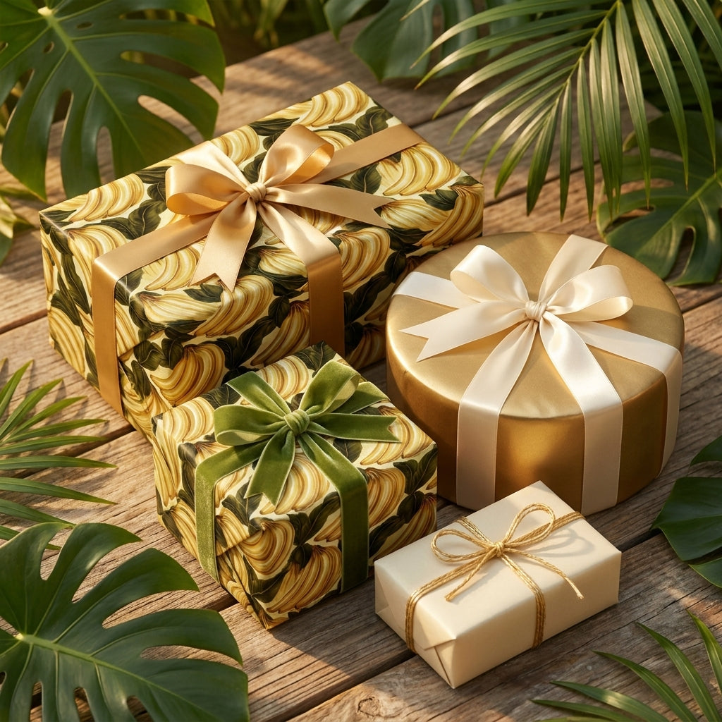 Luxury tropical wrapping paper in gold and green with elegant satin ribbons by Wrapped Studios.