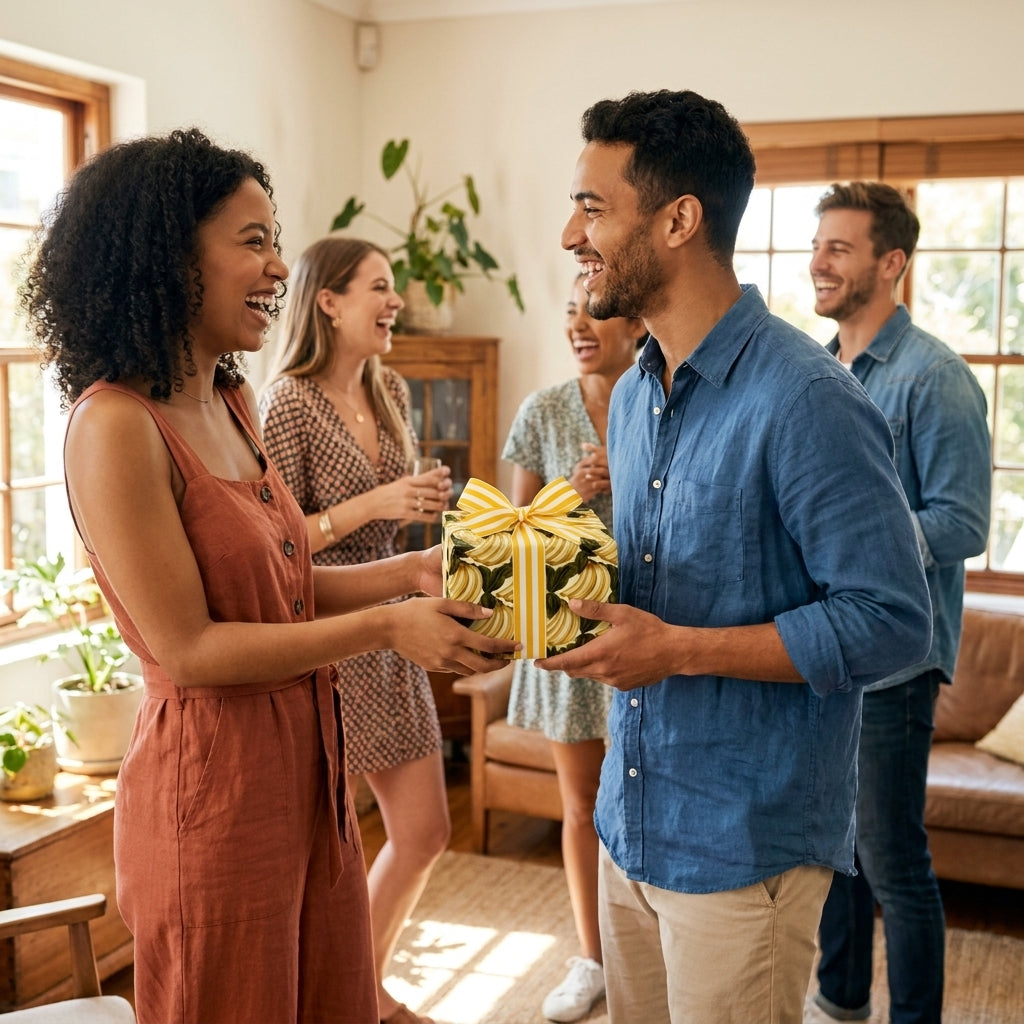 Friends exchanging birthday gift in yellow floral wrapping paper with striped ribbon by Wrapped Studios.