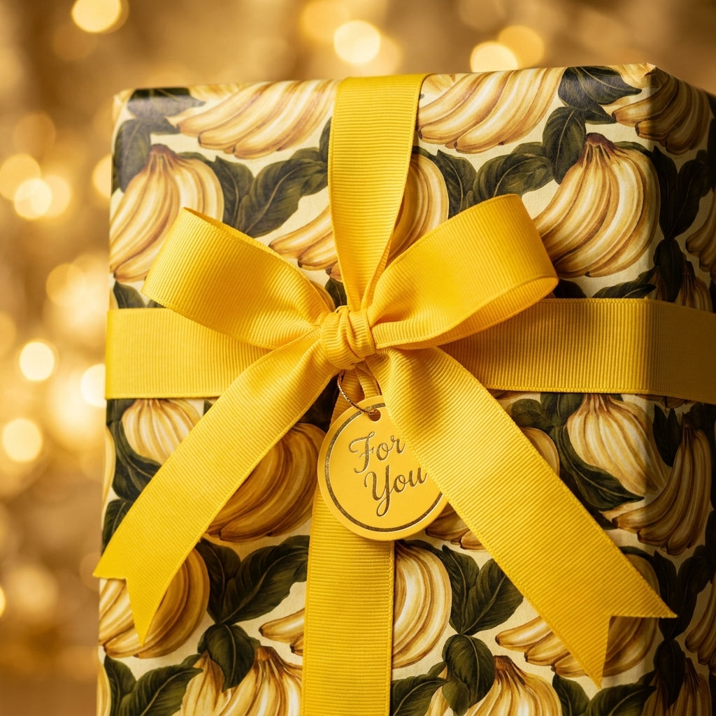 Vintage banana wrapping paper with a yellow ribbon bow and 'For You' tag by Wrapped Studios.