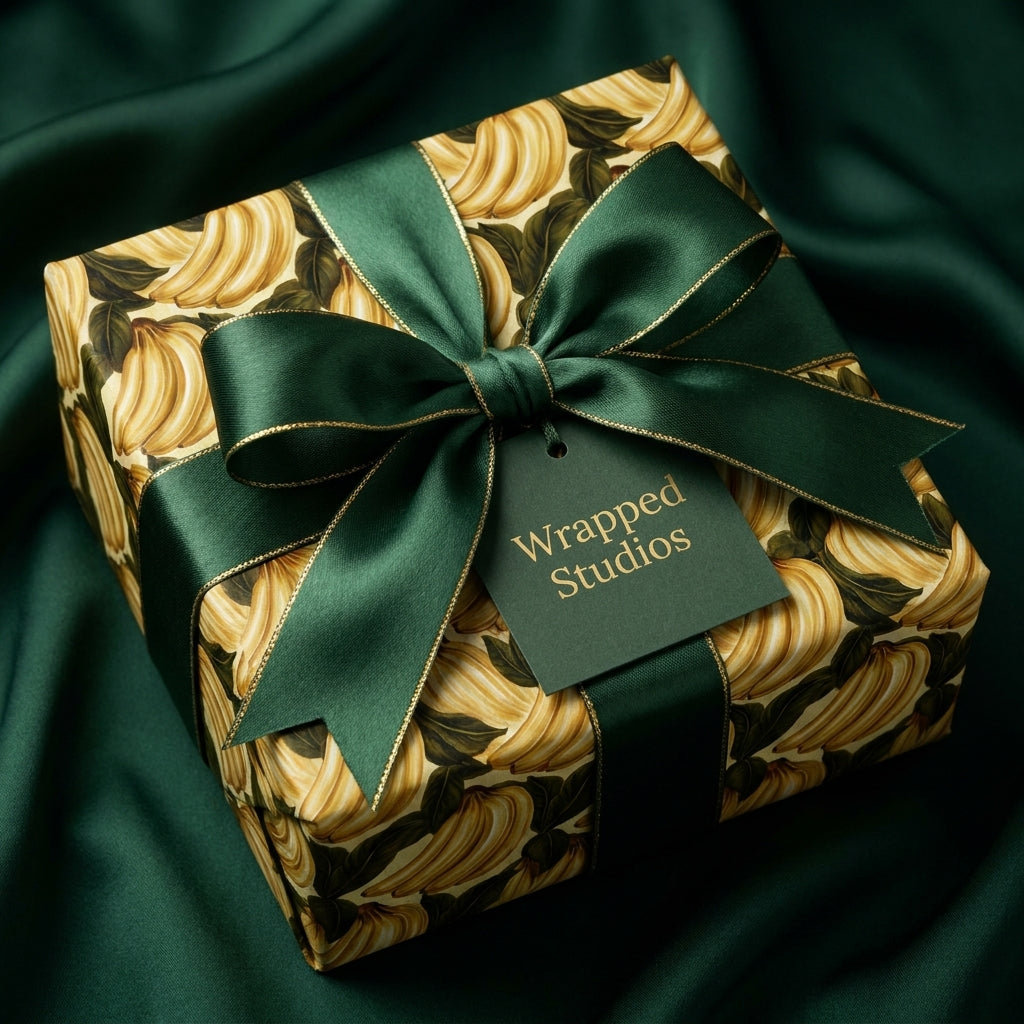Luxury banana pattern gift wrap with emerald green satin bow and tag by Wrapped Studios.