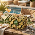 Tropical banana birthday wrapping paper with a rustic raffia bow by Wrapped Studios.