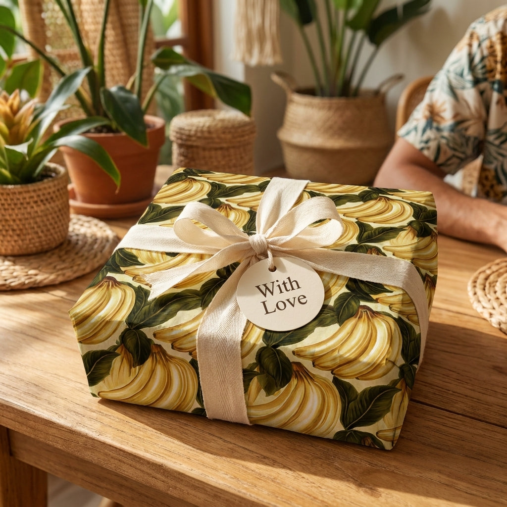 Tropical banana gift wrap with a cream ribbon and 'With Love' tag on a wooden table by Wrapped Studios.
