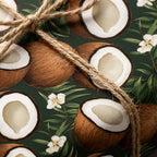 Dark green tropical coconut wrapping paper with white flowers and natural jute twine by Wrapped Studios.