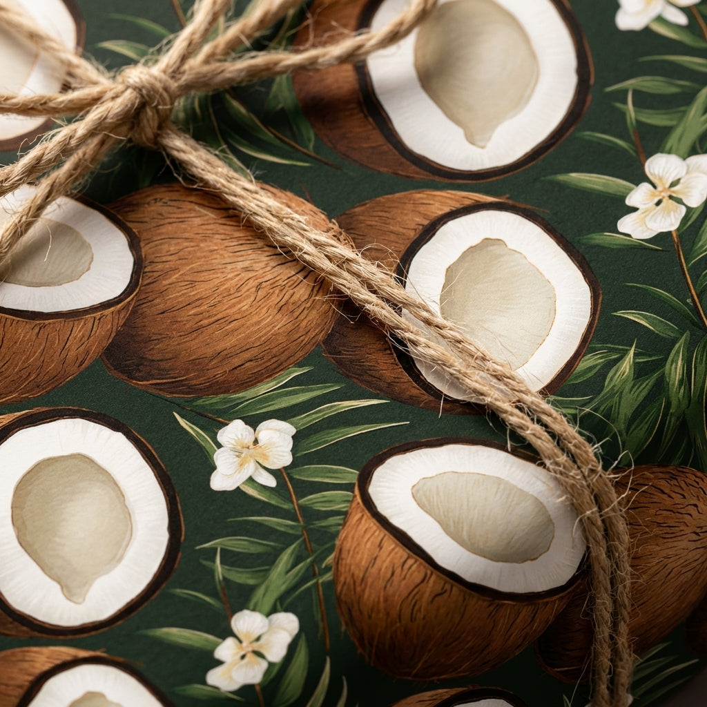 Dark green tropical coconut wrapping paper with white flowers and natural jute twine by Wrapped Studios.