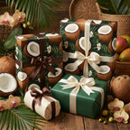Luxury tropical coconut wrapping paper with dark green leaves & white blossoms, tied with elegant brown and cream satin ribbons.