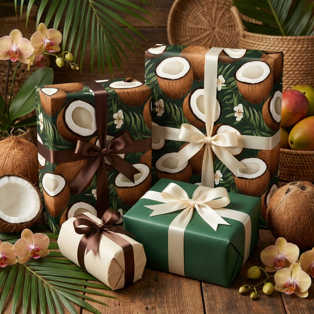 Luxury tropical coconut wrapping paper with dark green leaves & white blossoms, tied with elegant brown and cream satin ribbons.