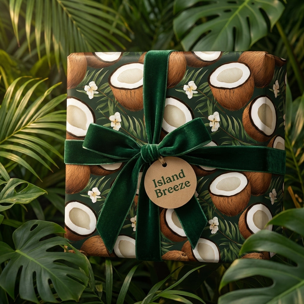 Dark green tropical coconut wrapping paper with a green velvet ribbon and 'Island Breeze' tag.