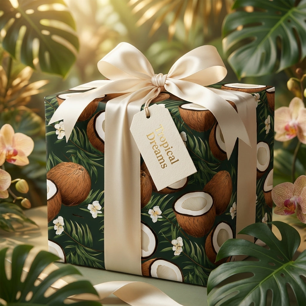 Green tropical gift wrap featuring coconuts and palm leaves, tied with a cream satin bow and 'Tropical Dreams' tag.