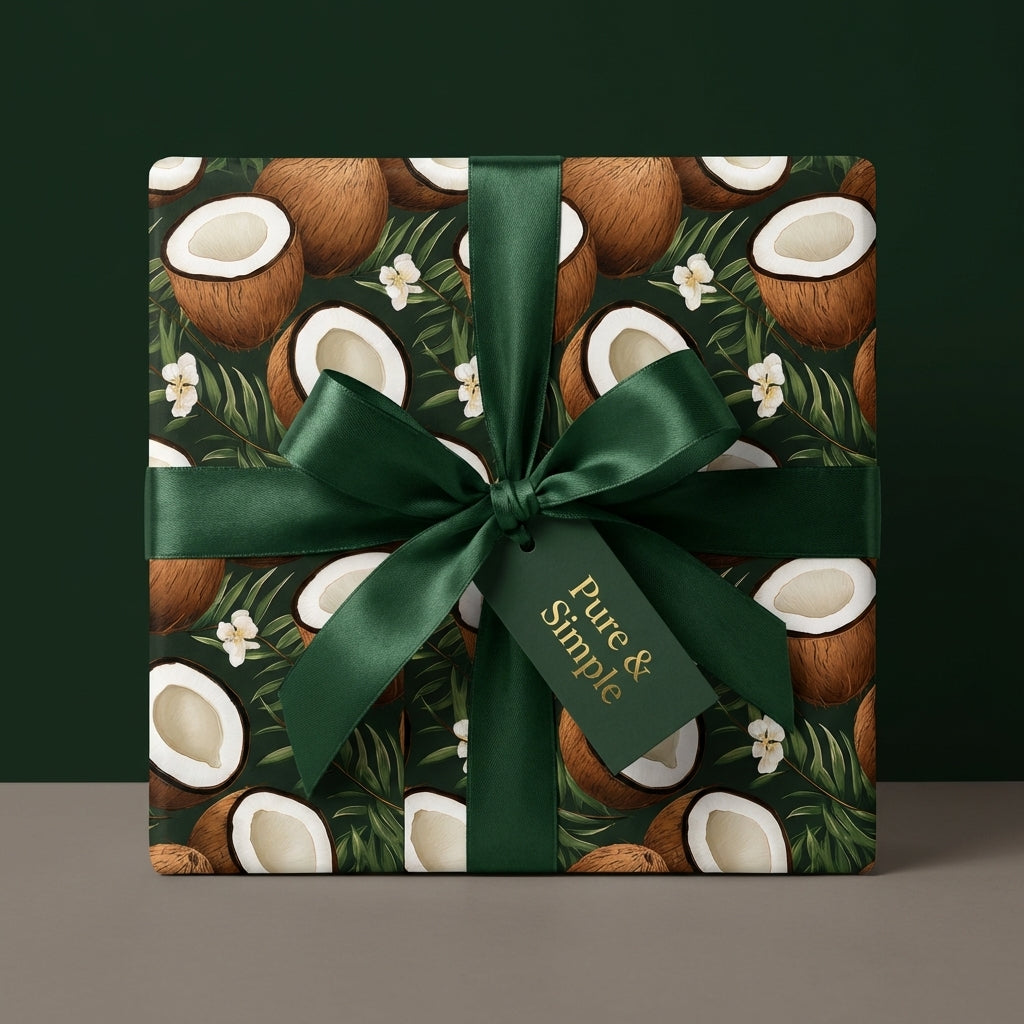 Dark green tropical wrapping paper with coconuts, palm leaves, white flowers, and satin ribbon bow. Exotic gift wrap.
