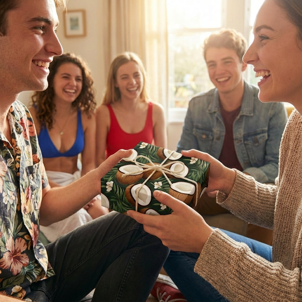 Green tropical coconut wrapping paper with white flowers & twine bow for a festive birthday or summer party gift.