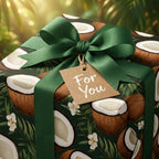 Wrapped Studios tropical coconut pattern wrapping paper with a green ribbon & "For You" gift tag.