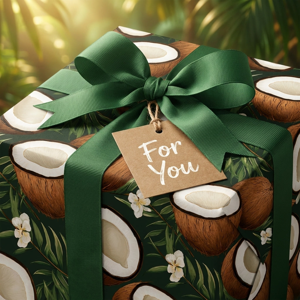 Wrapped Studios tropical coconut pattern wrapping paper with a green ribbon & "For You" gift tag.