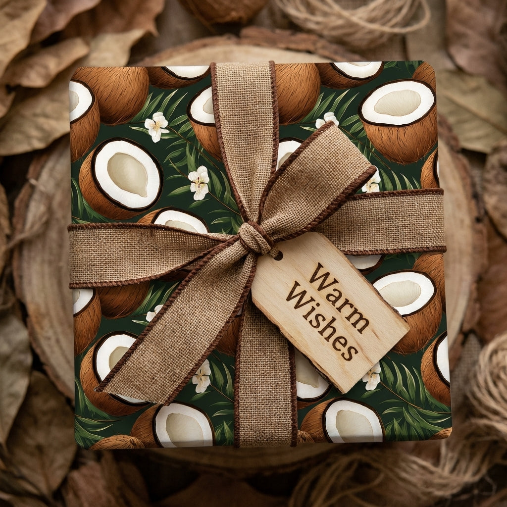 Tropical coconut wrapping paper with dark green leaves, burlap bow, and "Warm Wishes" wood tag. Rustic gift wrap.