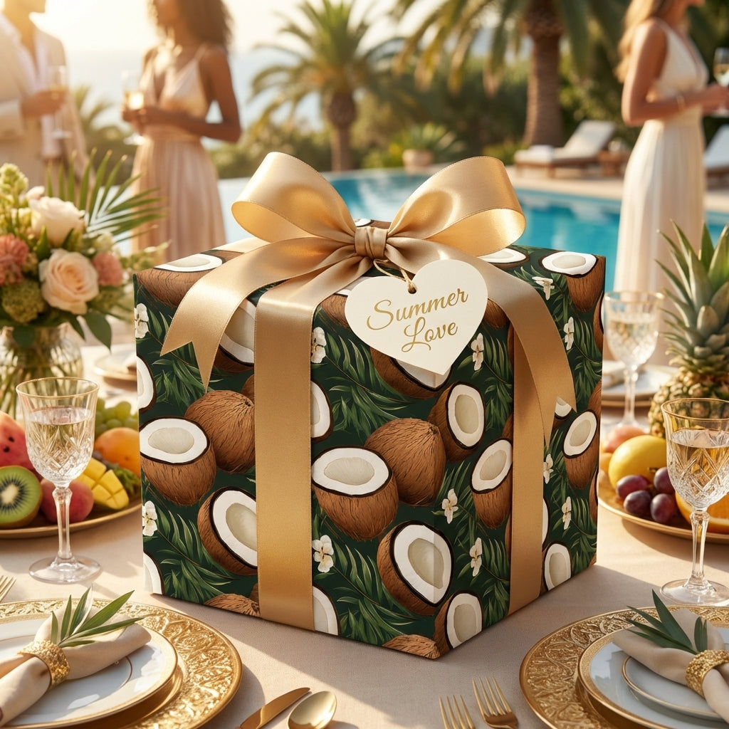 Wrapped Studios dark green tropical coconut wrapping paper with gold bow & 'Summer Love' tag.