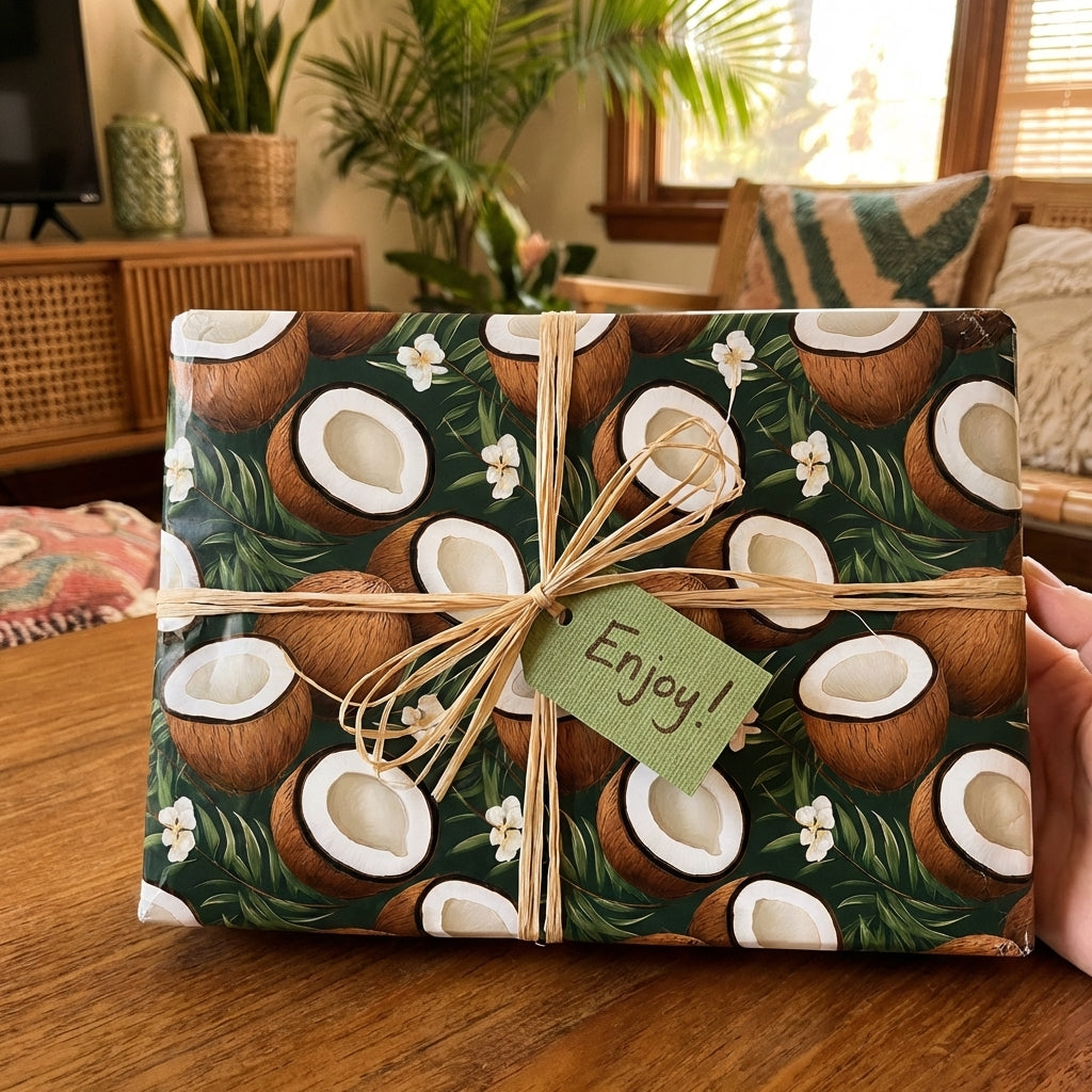 Tropical coconut wrapping paper with green palm leaves & white flowers, tied with raffia. Ideal for birthday or summer gifts.