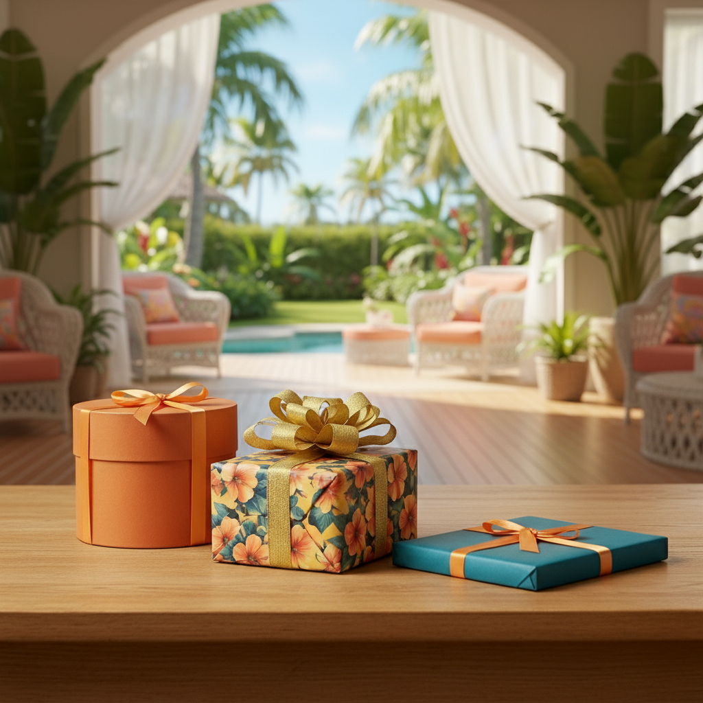 Gift wrapped presents with floral wrapping paper and gold ribbon, tropical decor background.