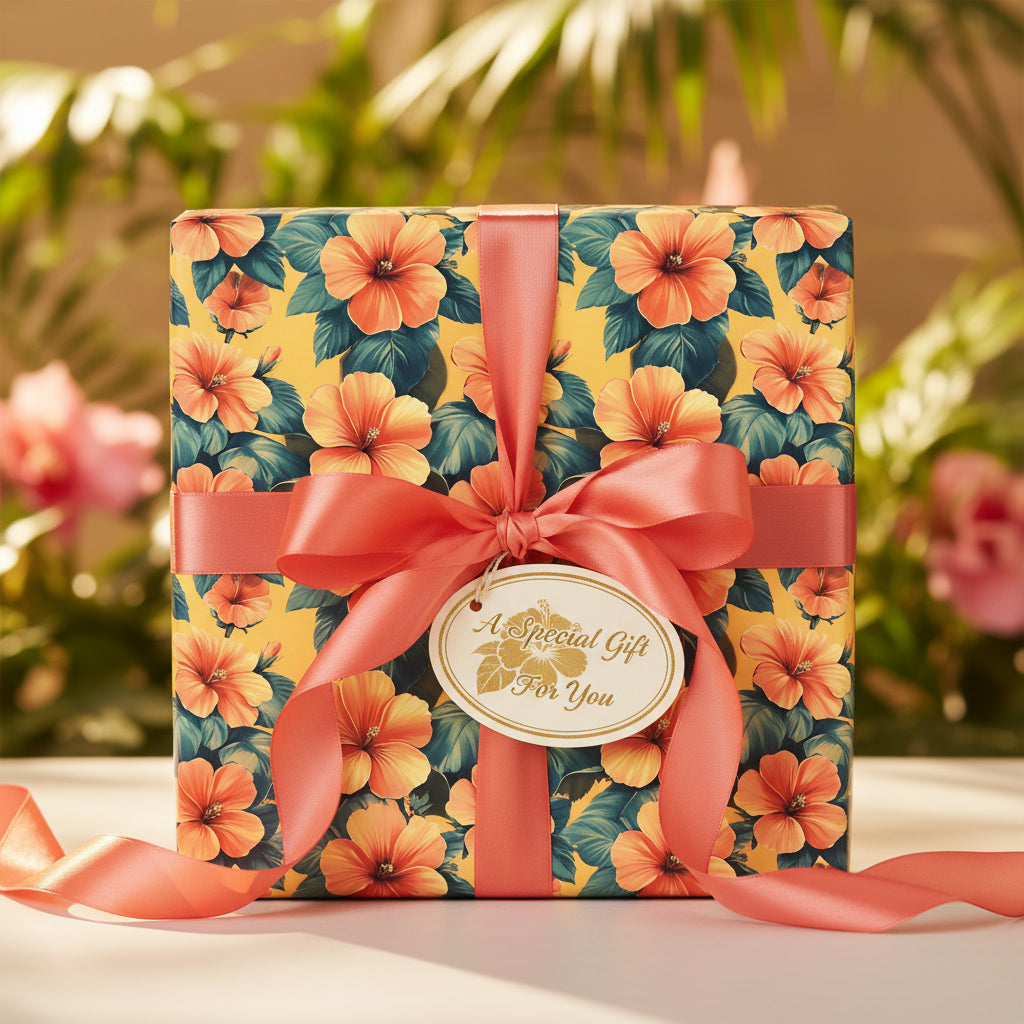 Gift box wrapped in floral Hibiscus wrapping paper with a coral ribbon and "A Special Gift For You" tag.