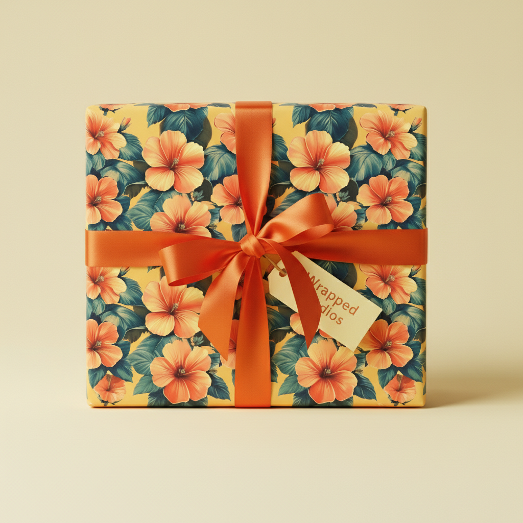 Square gift box wrapped in yellow floral wrapping paper with coral hibiscus flowers and matching ribbon.