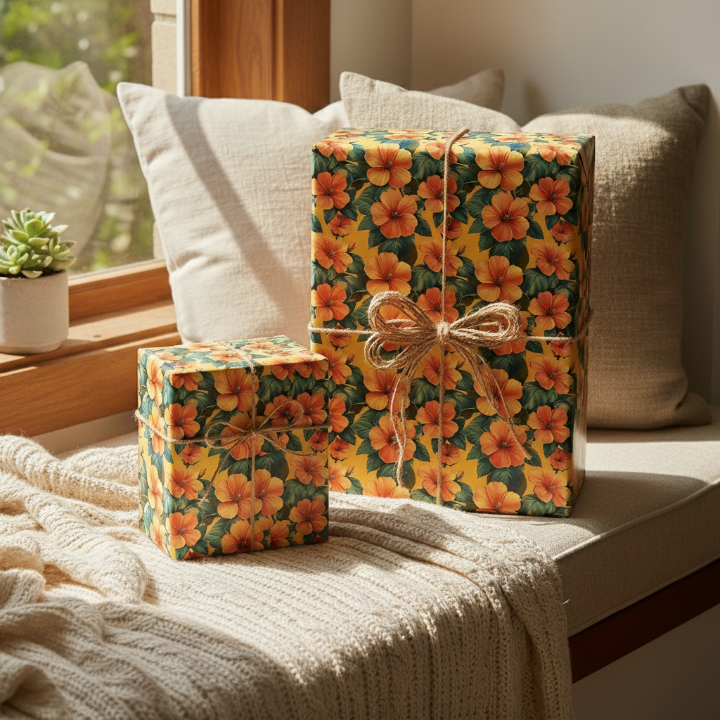 Gifts wrapped in floral wrapping paper with twine bow, sitting on a cozy window seat.