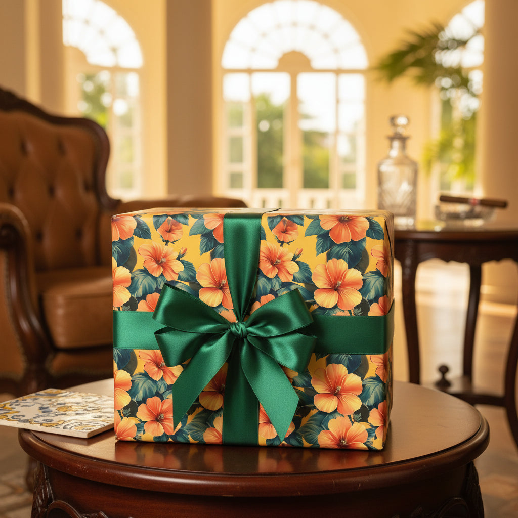 Elegant gift wrapped in tropical floral wrapping paper with a green satin ribbon bow.