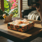 Gift wrapped in floral wrapping paper with peach ribbon on wood table, perfect for birthday or any occasion.