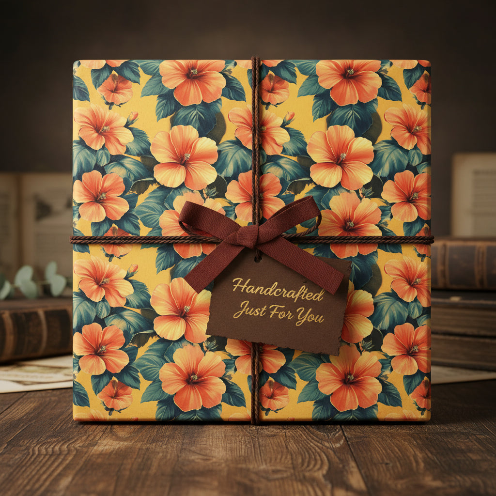 Square gift wrapped in yellow floral wrapping paper with a brown ribbon and "Handcrafted Just For You" tag.