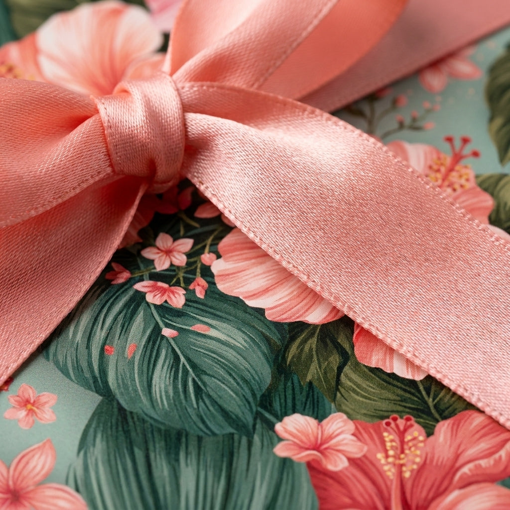Tropical floral wrapping paper and luxury gift wrap with a pink satin bow by Wrapped Studios.