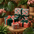 Tropical hibiscus floral wrapping paper and luxury gift boxes with velvet ribbons by Wrapped Studios.