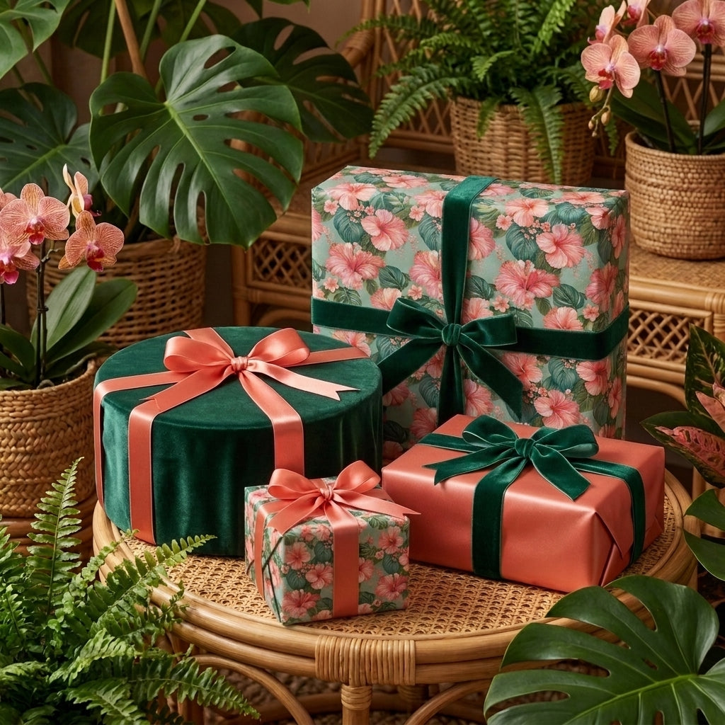 Tropical hibiscus floral wrapping paper and luxury gift boxes with velvet ribbons by Wrapped Studios.