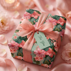 Pink hibiscus floral wrapping paper by Wrapped Studios, tied with a peach bow on a luxury gift box.