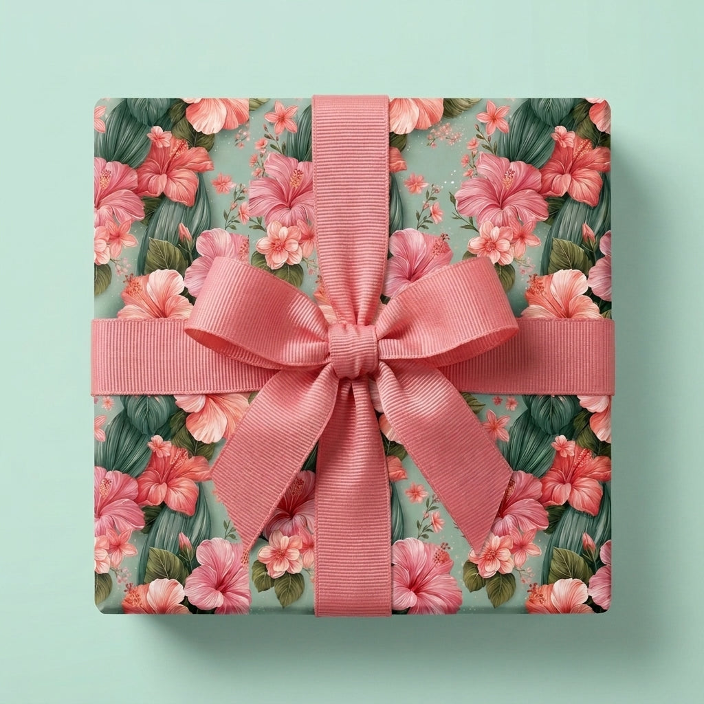Tropical floral wrapping paper with pink hibiscus and a pink ribbon bow by Wrapped Studios.