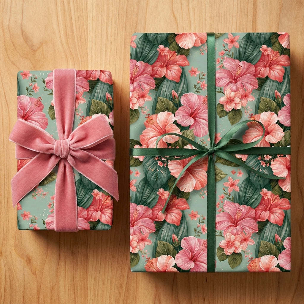 Luxury floral wrapping paper with pink hibiscus and velvet bow on gifts by Wrapped Studios.