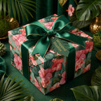 Tropical pink hibiscus floral wrapping paper with a luxury green satin bow by Wrapped Studios.